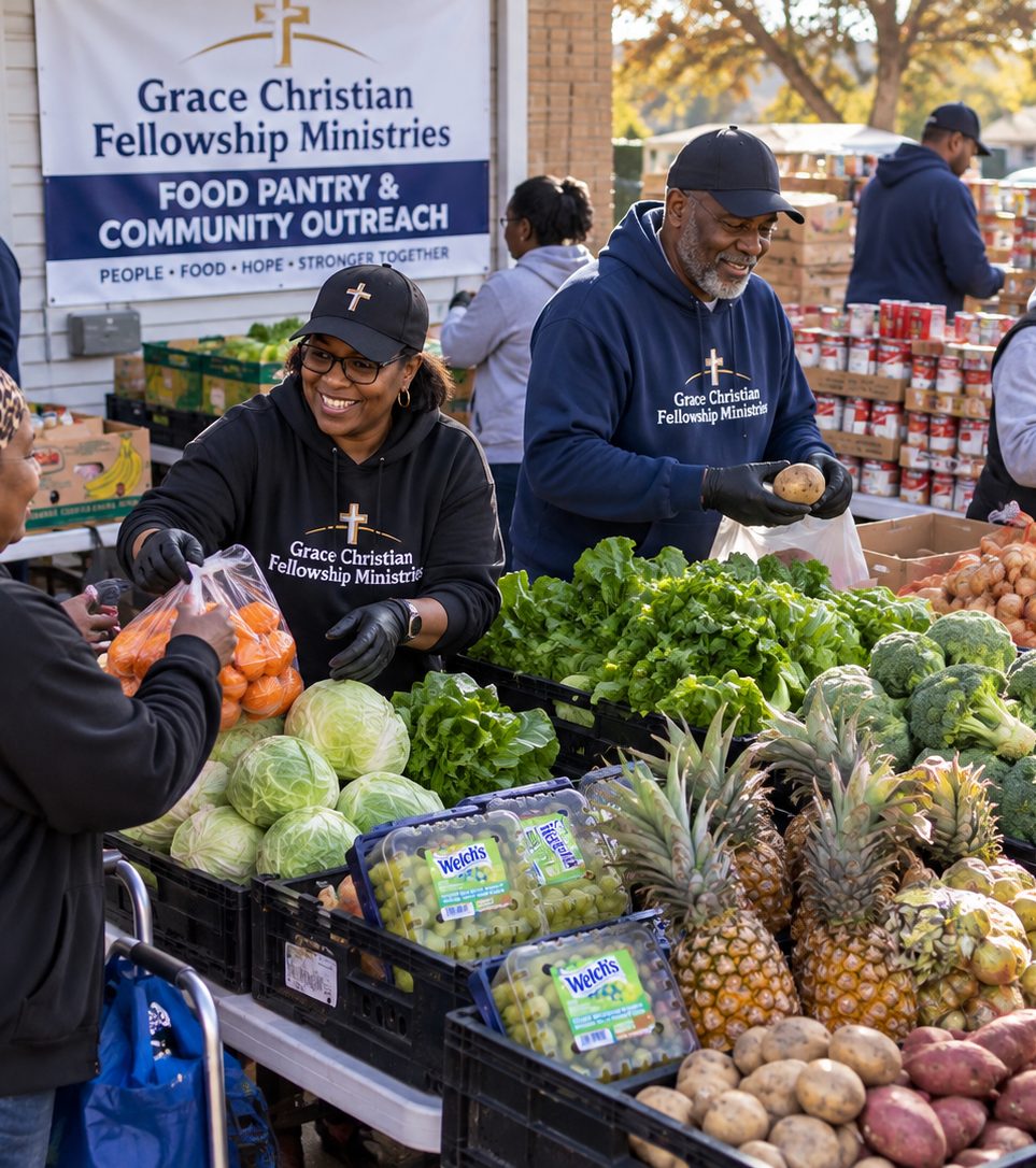 Grace Christian Fellowship volunteers handing out fresh produce at the food pantry